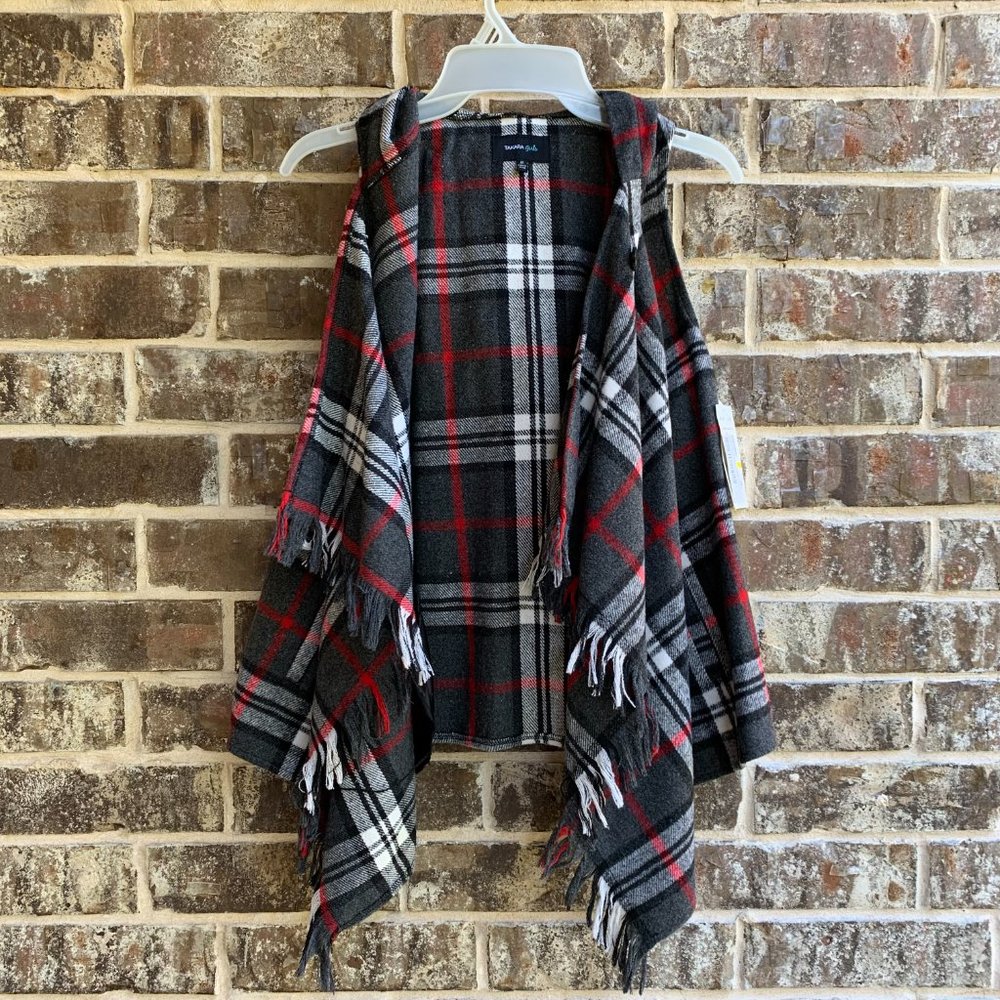 Takara Girl's Plaid Hooded Vest with Fringe Size M